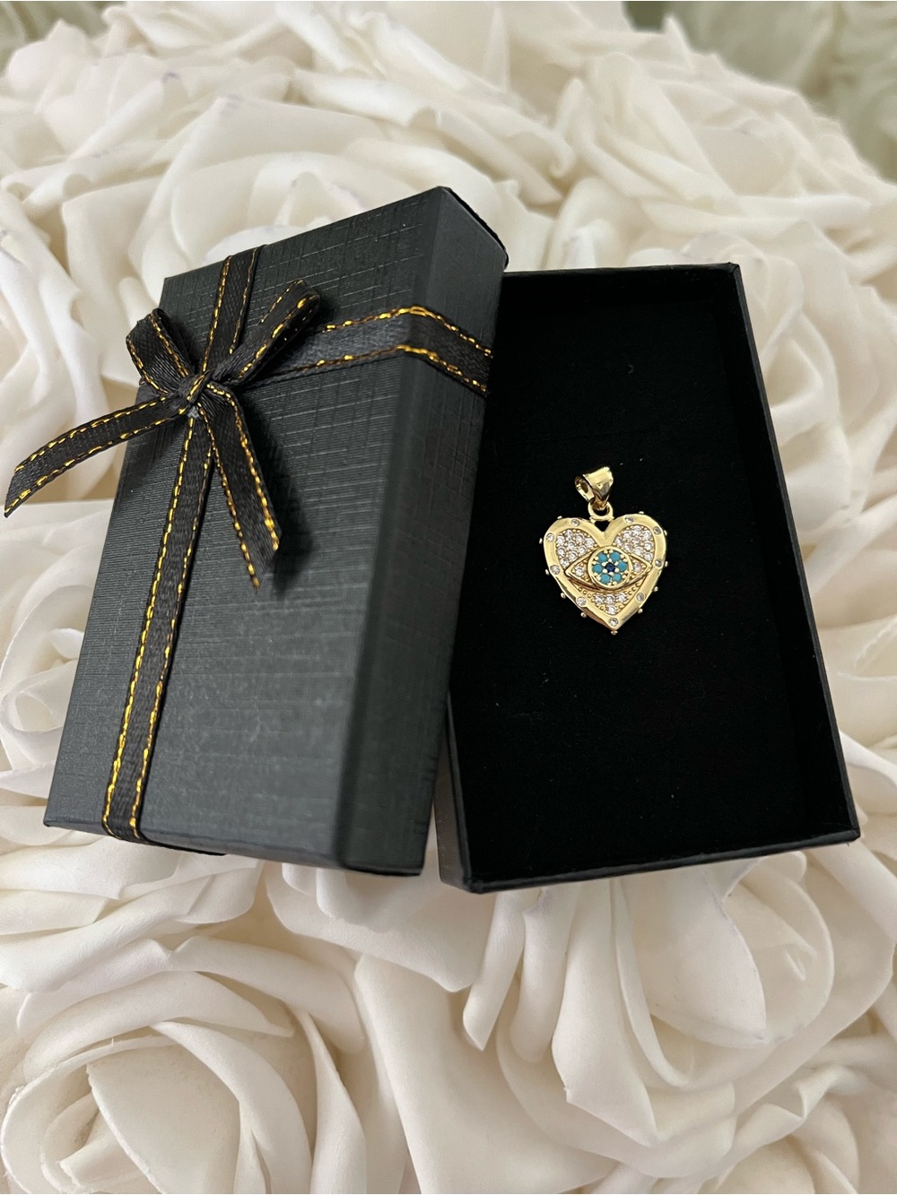 Gold Heart shaped evil eye Pendant with Blue Accents - Women's Jewelry